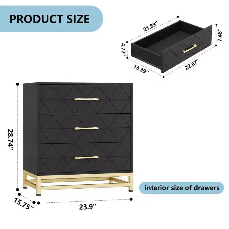 Cassettiera a 3 cassetti, comò in legno con contenitore per armadio, camera da letto, cassettiera moderna, comodino con maniglie dorate
