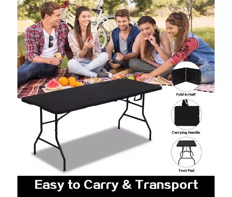 6 Foot Portable Folding Table HDPE Plastic Indoor Outdoor Fold-in-Half Black Seats 8 to 10