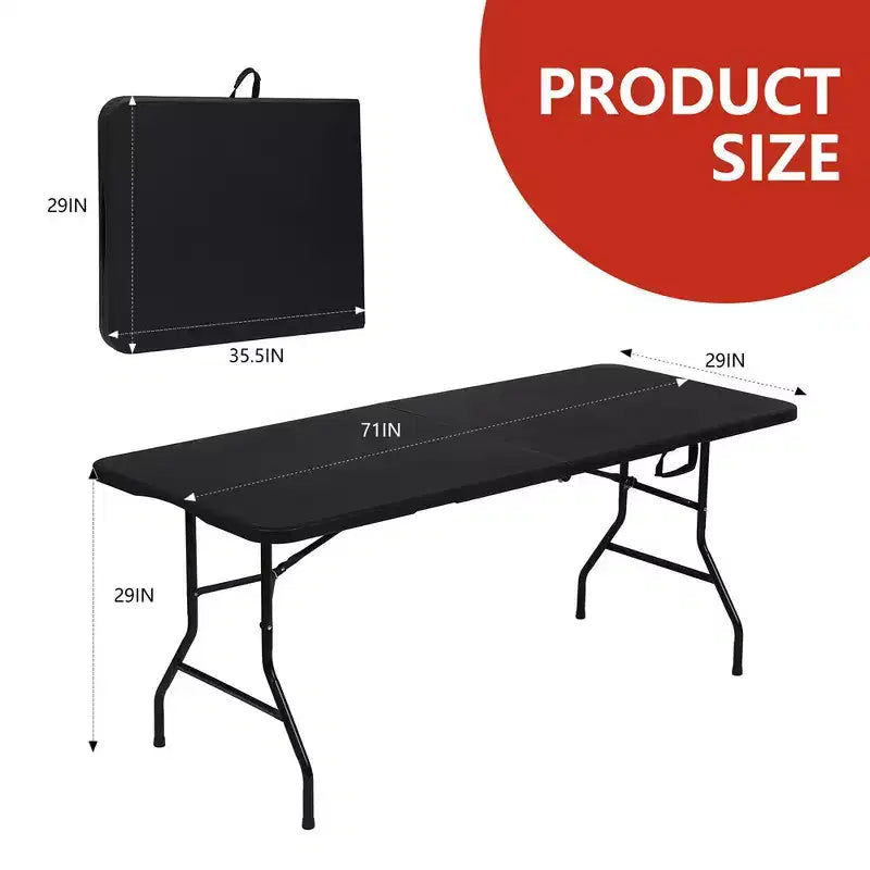 6 Foot Portable Folding Table HDPE Plastic Indoor Outdoor Fold-in-Half Black Seats 8 to 10