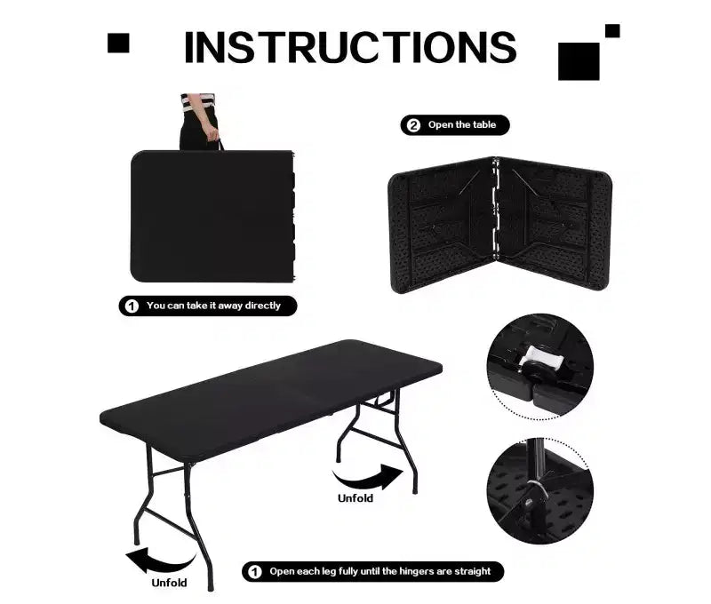 6 Foot Portable Folding Table HDPE Plastic Indoor Outdoor Fold-in-Half Black Seats 8 to 10