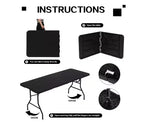 6 Foot Portable Folding Table HDPE Plastic Indoor Outdoor Fold-in-Half Black Seats 8 to 10