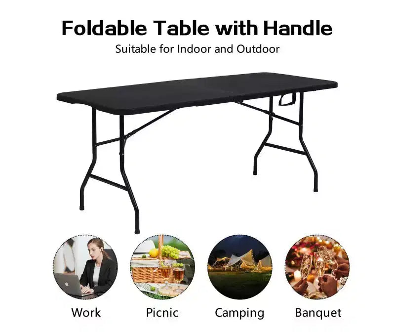 6 Foot Portable Folding Table HDPE Plastic Indoor Outdoor Fold-in-Half Black Seats 8 to 10