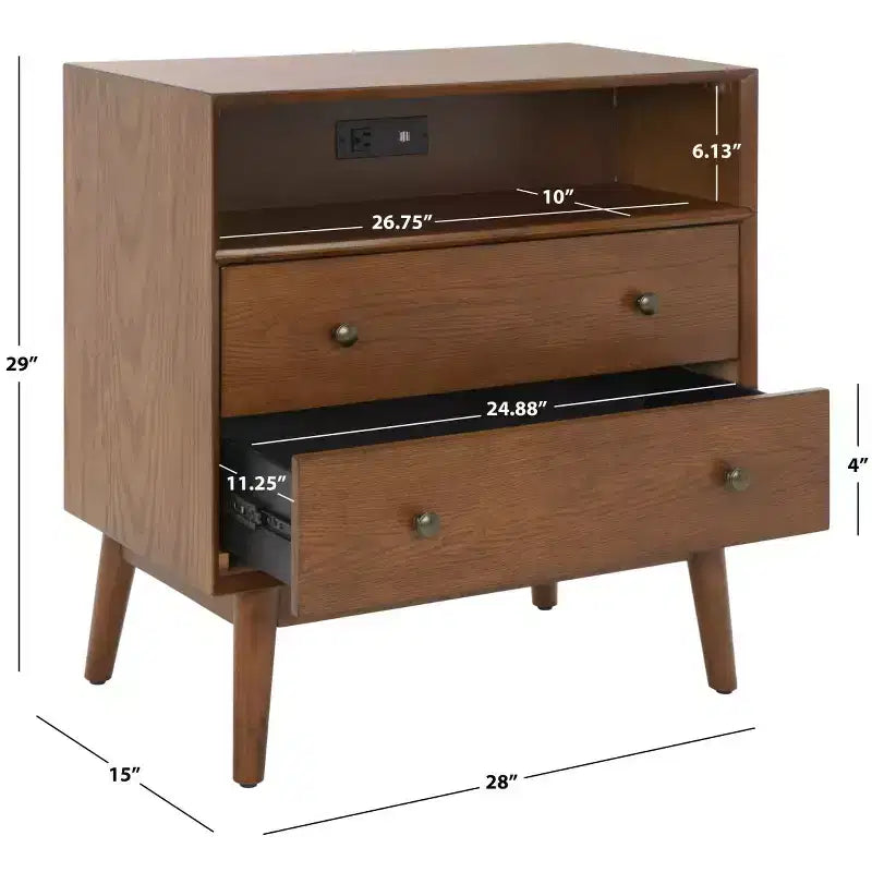 Scully 2 Drawer 1 Shelf Chest W/ Usb - CHS6417 - Medium Oak/Antique Gold - Safavieh