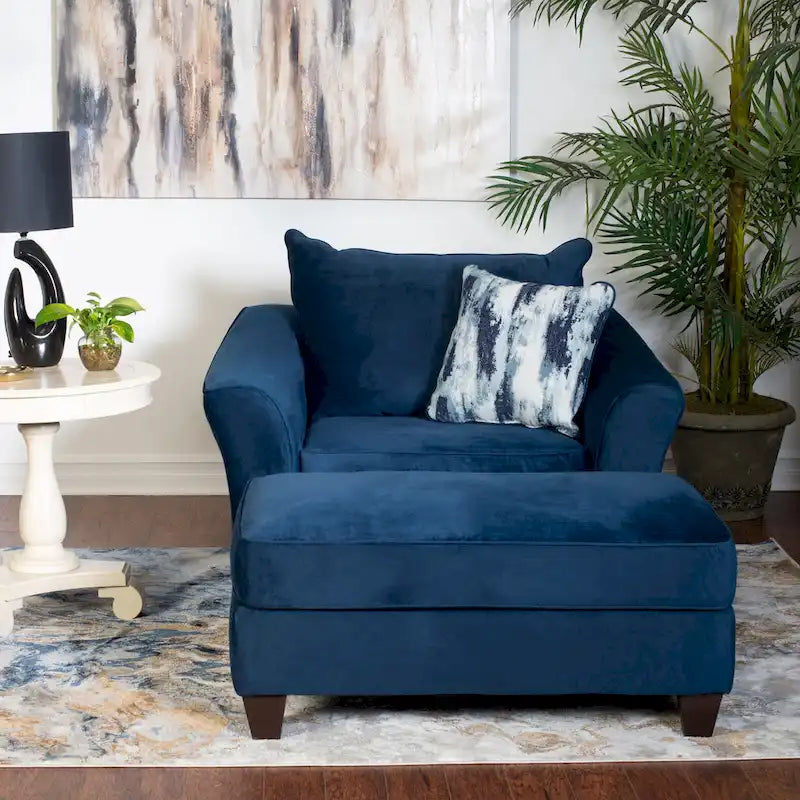 Navy Blue Fabric Chair and Ottoman Set with Pillow