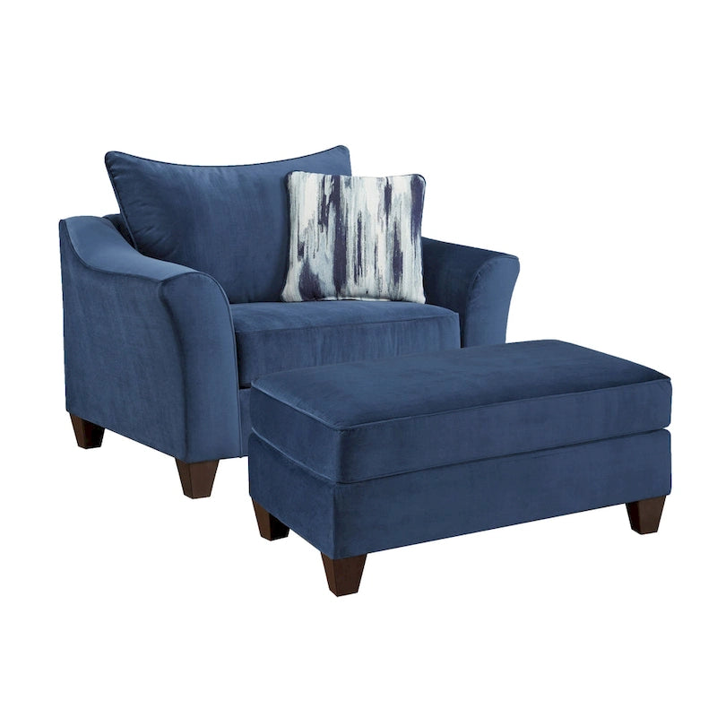 Navy Blue Fabric Chair and Ottoman Set with Pillow