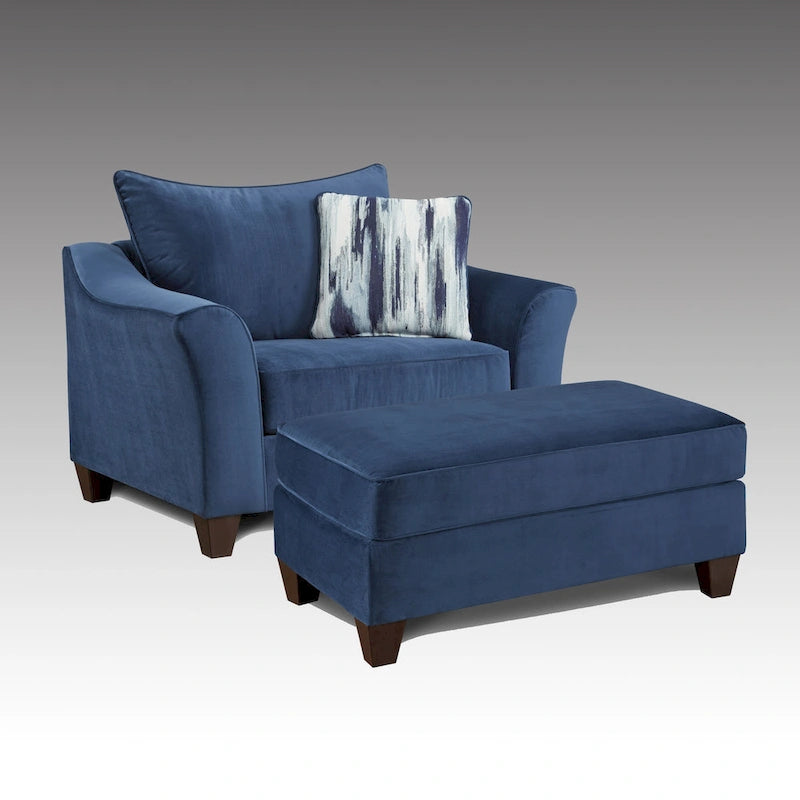 Navy Blue Fabric Chair and Ottoman Set with Pillow