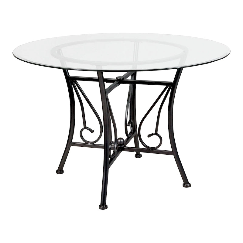 Tavolo da pranzo rotondo in vetro da 45" con base in metallo opaco con accenti a ricciolo - 45W x 45D x 29H