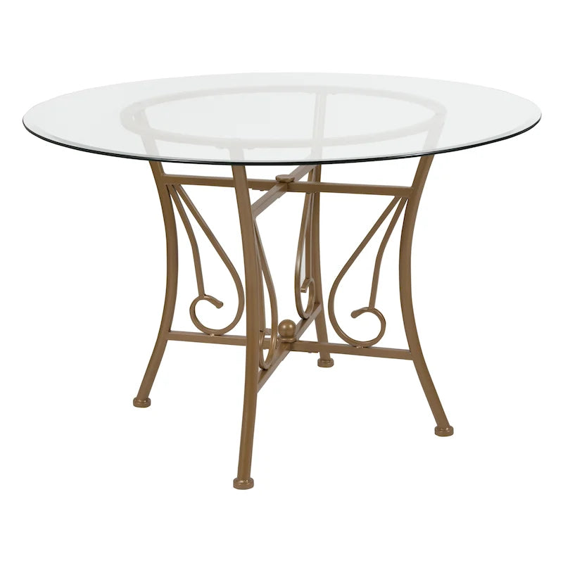 Tavolo da pranzo rotondo in vetro da 45" con base in metallo opaco con accenti a ricciolo - 45W x 45D x 29H