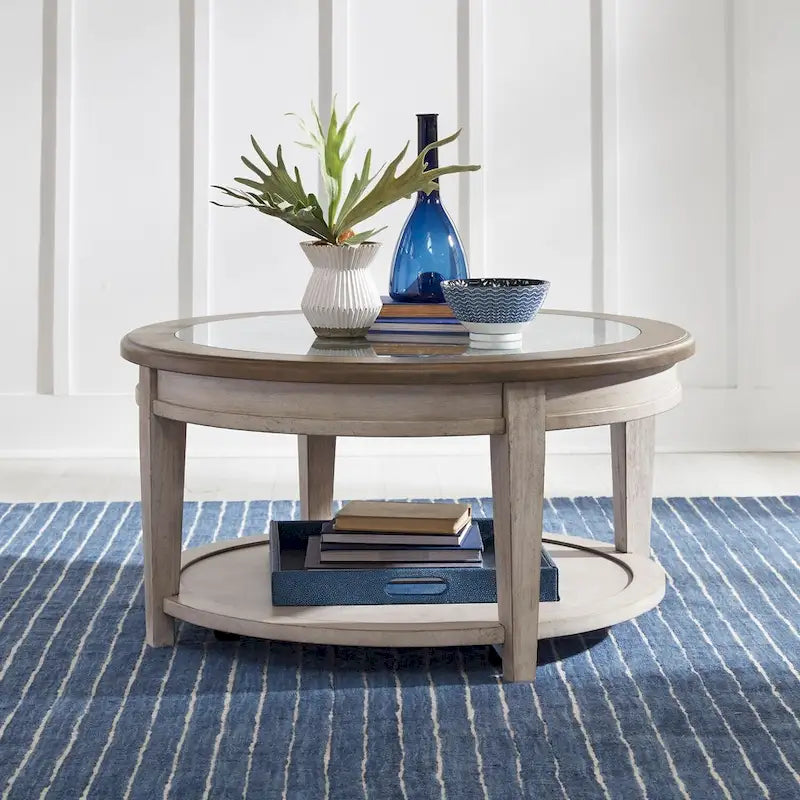 Heartland Antique White & Tobacco Round Ceiling Tile Cocktail Table