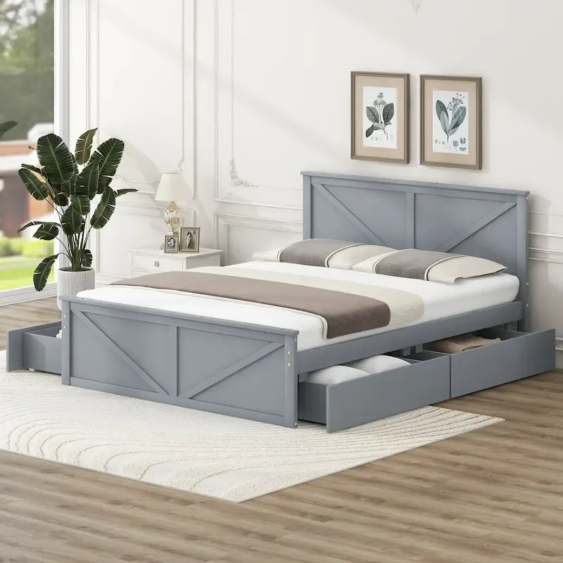Wooden Platform Bed with Four Storage Drawers and Support Legs