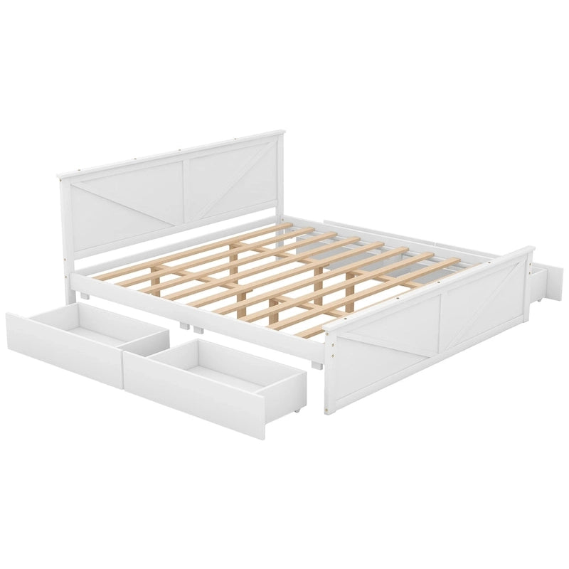 Letto a Piattaforma in Legno con Quattro Cassetti Contenitori e Piedini di Supporto