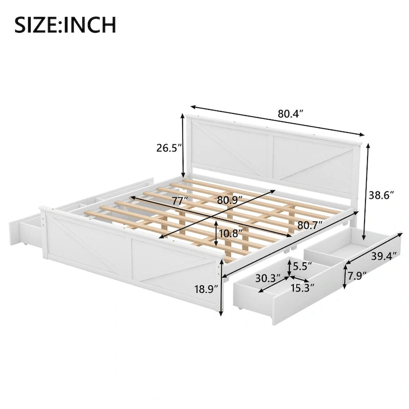 Letto a Piattaforma in Legno con Quattro Cassetti Contenitori e Piedini di Supporto