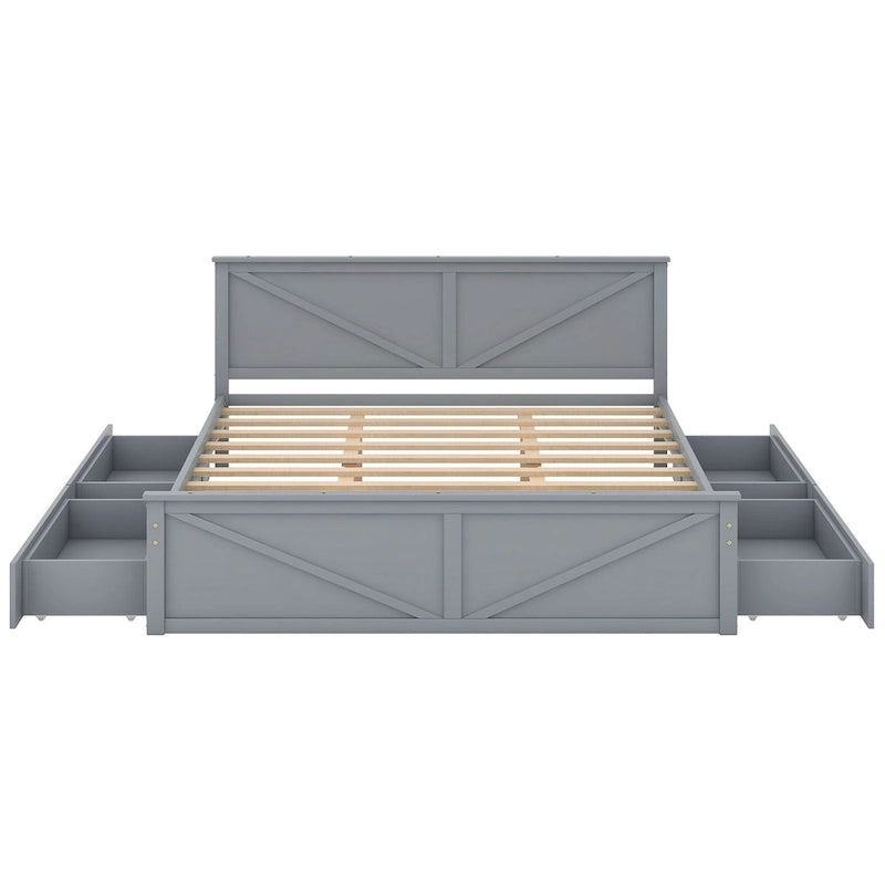 Letto a Piattaforma in Legno con Quattro Cassetti Contenitori e Piedini di Supporto