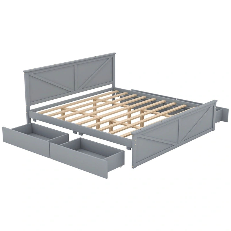 Letto a Piattaforma in Legno con Quattro Cassetti Contenitori e Piedini di Supporto
