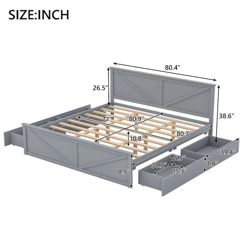 Letto a Piattaforma in Legno con Quattro Cassetti Contenitori e Piedini di Supporto