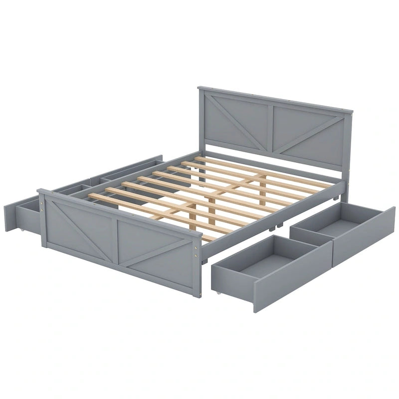 Letto a Piattaforma in Legno con Quattro Cassetti Contenitori e Piedini di Supporto