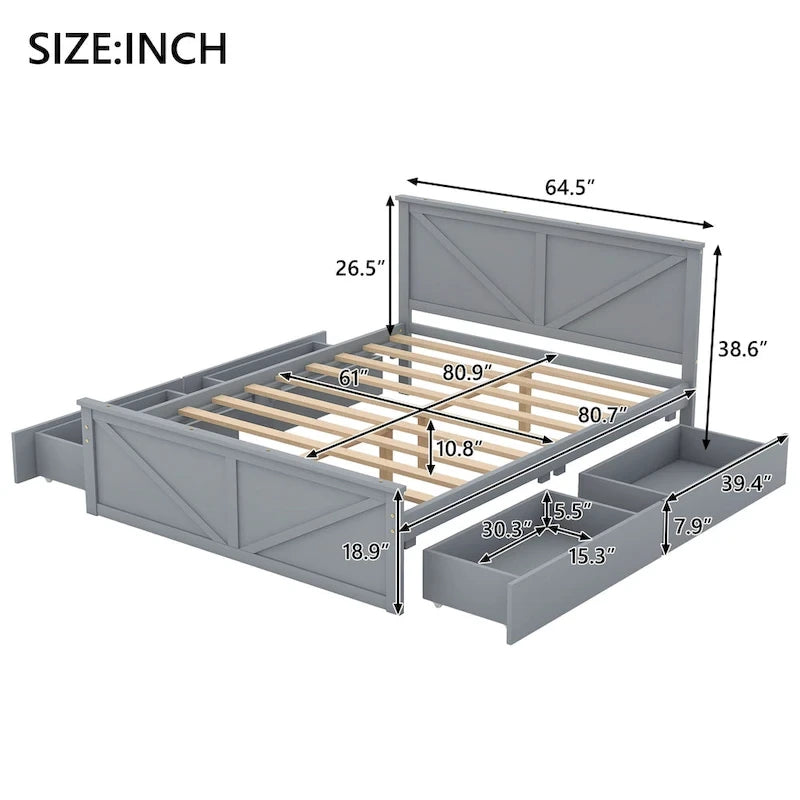 Letto a Piattaforma in Legno con Quattro Cassetti Contenitori e Piedini di Supporto