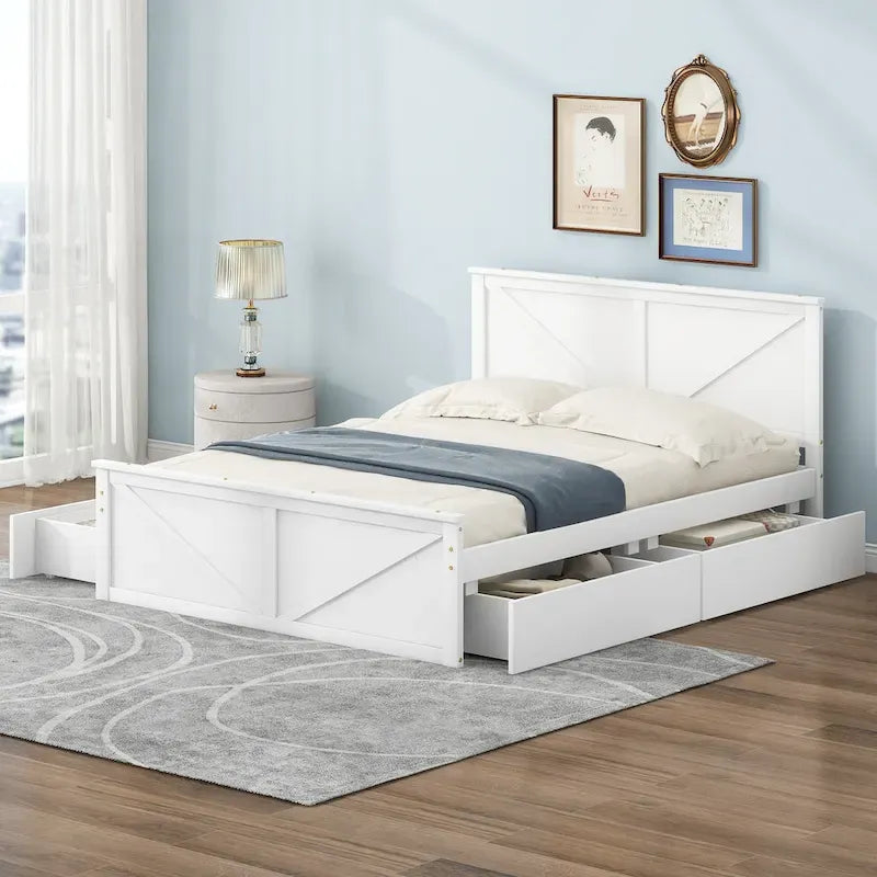 Letto a Piattaforma in Legno con Quattro Cassetti Contenitori e Piedini di Supporto