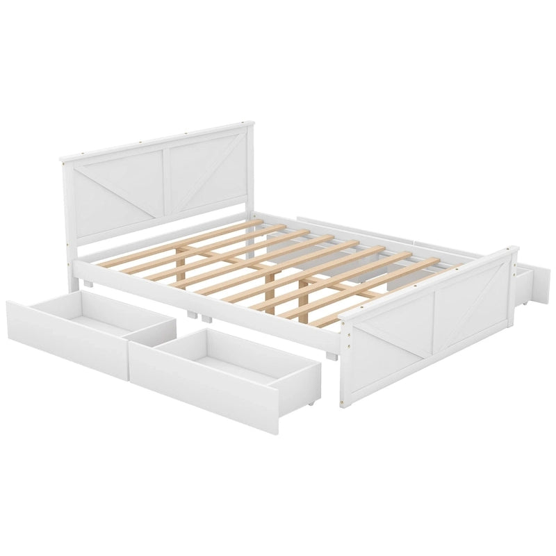 Letto a Piattaforma in Legno con Quattro Cassetti Contenitori e Piedini di Supporto