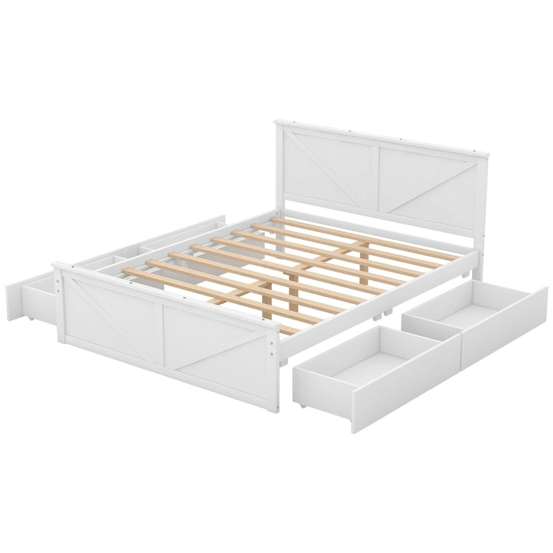 Letto a Piattaforma in Legno con Quattro Cassetti Contenitori e Piedini di Supporto
