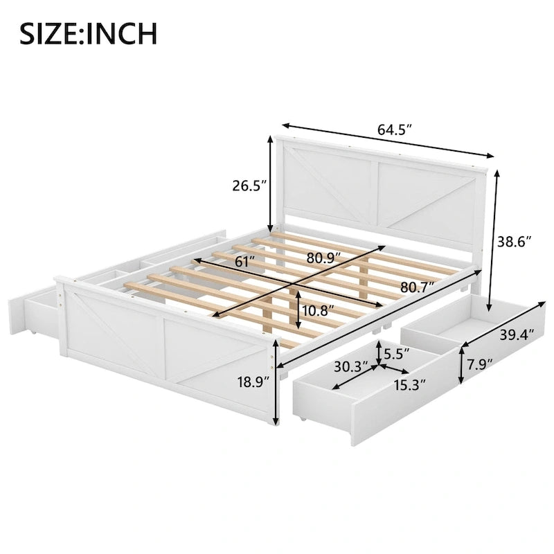 Wooden Platform Bed with Four Storage Drawers and Support Legs