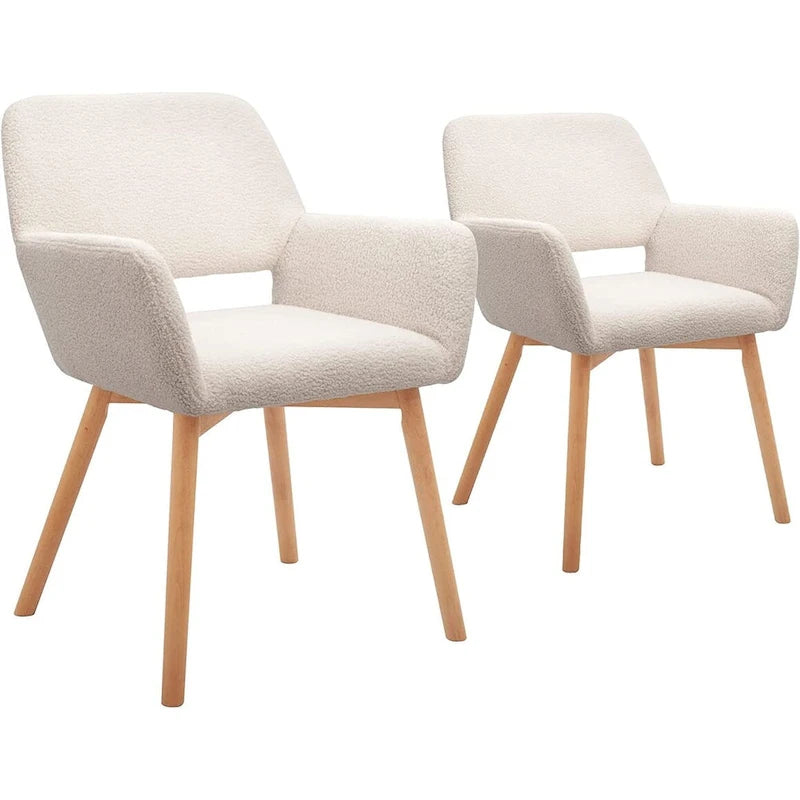 Sedie moderne con braccioli e accenti in velluto e gambe in legno massello, set da 2, bianche
