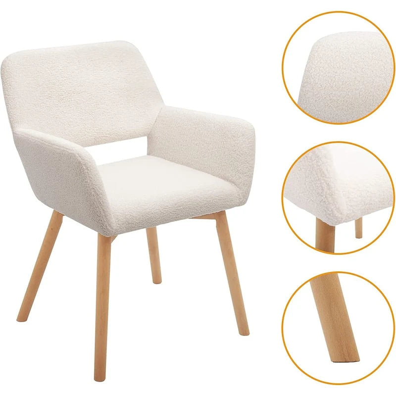 Sedie moderne con braccioli e accenti in velluto e gambe in legno massello, set da 2, bianche