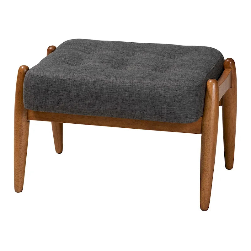 Sgabello/Poggiapiedi Jeanine Japandi in Tessuto Grigio Scuro e Legno Finitura Noce