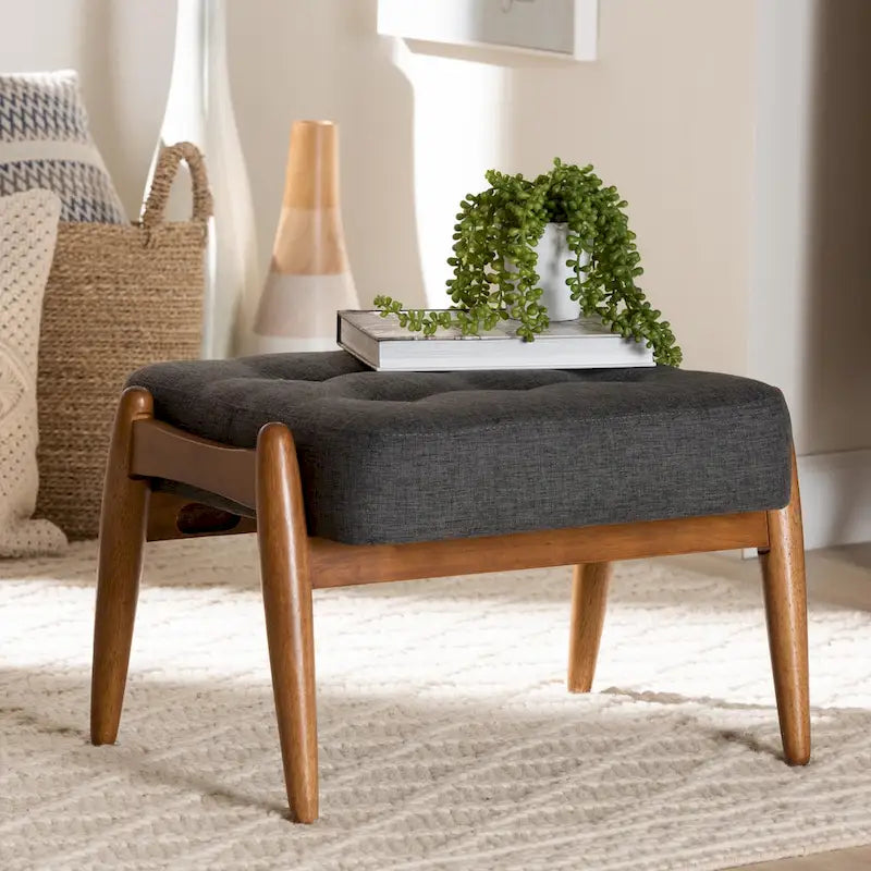 Jeanine Japandi Dark Grey Fabric and Walnut Brown Finished Wood Ottoman Footstool