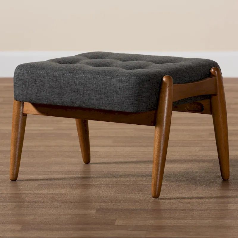 Sgabello/Poggiapiedi Jeanine Japandi in Tessuto Grigio Scuro e Legno Finitura Noce