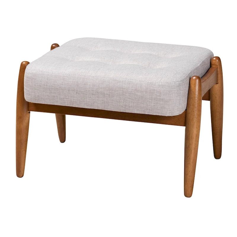 Sgabello/Poggiapiedi Jeanine Japandi in Tessuto Grigio Scuro e Legno Finitura Noce
