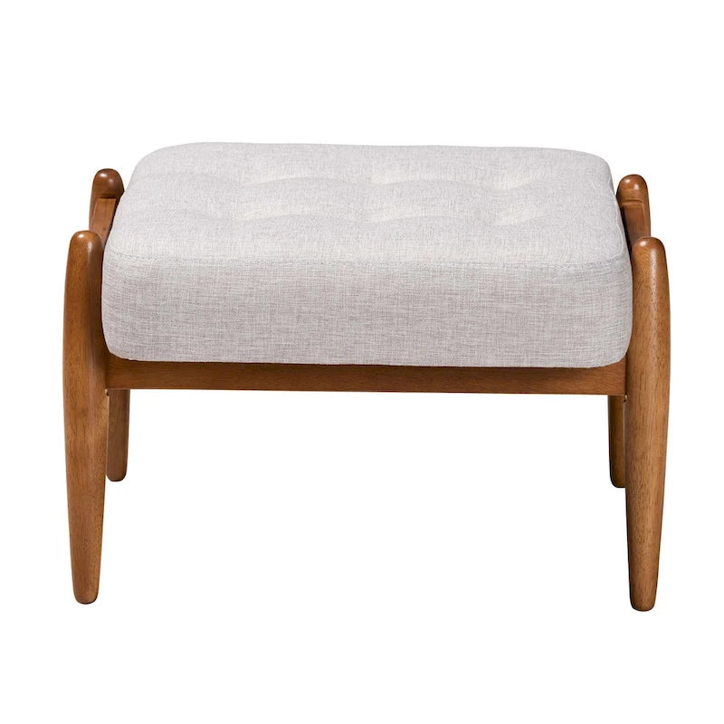 Sgabello/Poggiapiedi Jeanine Japandi in Tessuto Grigio Scuro e Legno Finitura Noce