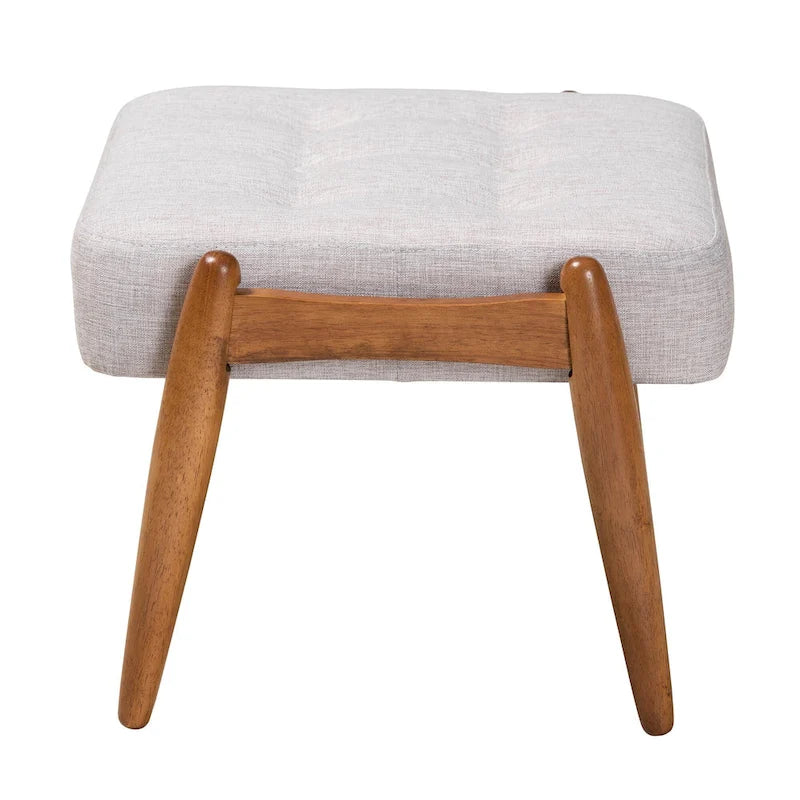 Sgabello/Poggiapiedi Jeanine Japandi in Tessuto Grigio Scuro e Legno Finitura Noce