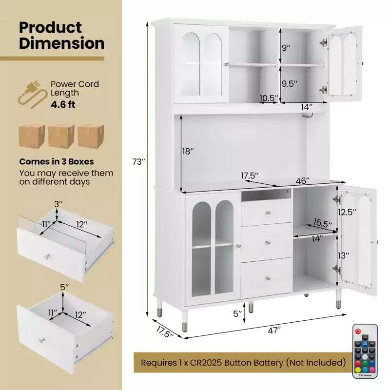 Costway 73 Kitchen Pantry Cabinet Kitchen Storage Hutch with LED lights USB Ports Type-C Port AC Outlets Kitchen Utility Cabinet with 3 Drawers