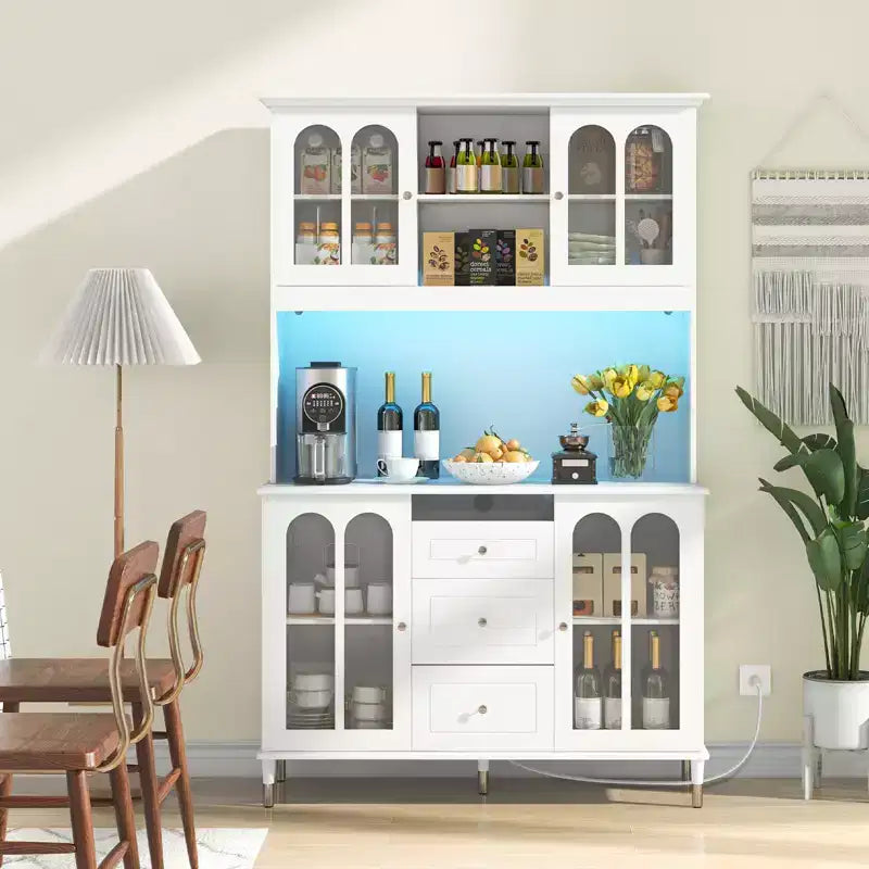 Costway 73 Kitchen Pantry Cabinet Kitchen Storage Hutch with LED lights USB Ports Type-C Port AC Outlets Kitchen Utility Cabinet with 3 Drawers