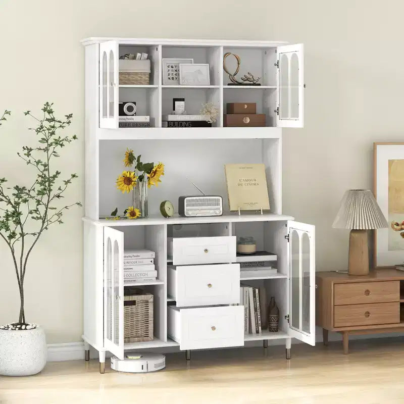 Costway 73 Kitchen Pantry Cabinet Kitchen Storage Hutch with LED lights USB Ports Type-C Port AC Outlets Kitchen Utility Cabinet with 3 Drawers