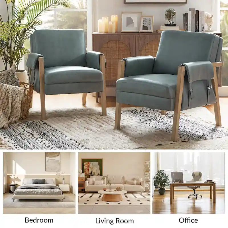 Olivia Farmhouse Faux Leather Accent Chair with Solid Wood Legs Sets of 2 by HULALA HOME
