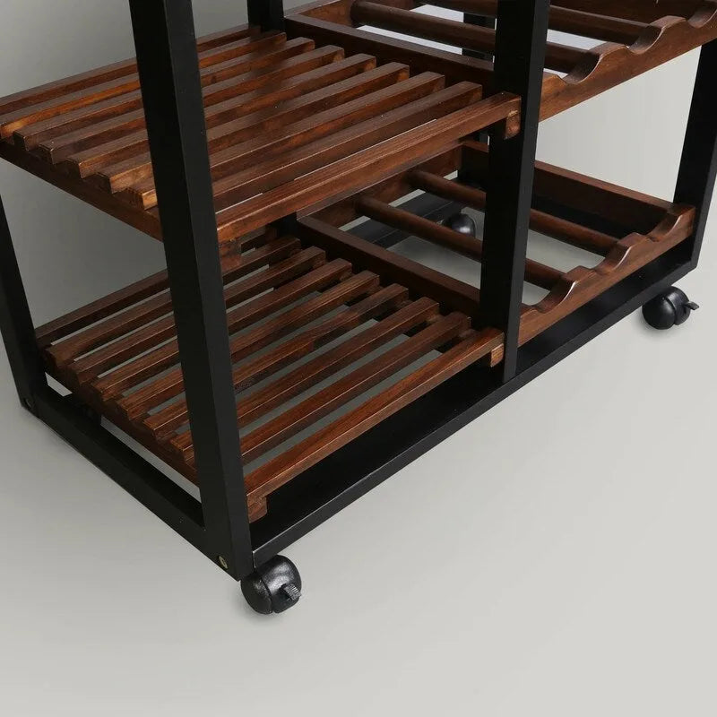 Solid Wood 4-Tier Rolling Kitchen Cart with Wine Rack and Drawer