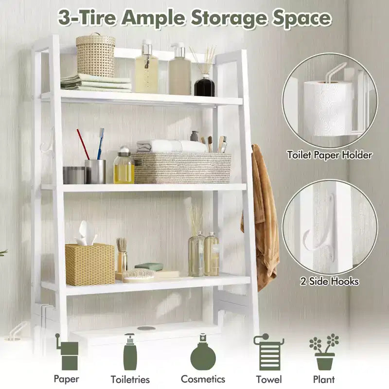 Costway Over The Toilet Storage Shelf 3-Tier Free Standing Above Toilet Rack Stand 2 Side HooksWhite/Black