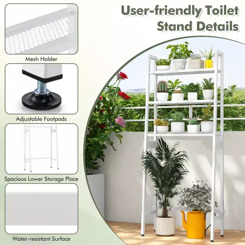 Costway Over The Toilet Storage Shelf 3-Tier Free Standing Above Toilet Rack Stand 2 Side HooksWhite/Black
