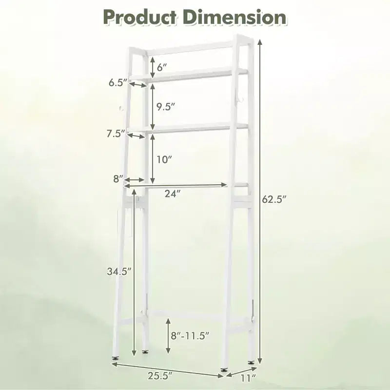 Costway Over The Toilet Storage Shelf 3-Tier Free Standing Above Toilet Rack Stand 2 Side HooksWhite/Black