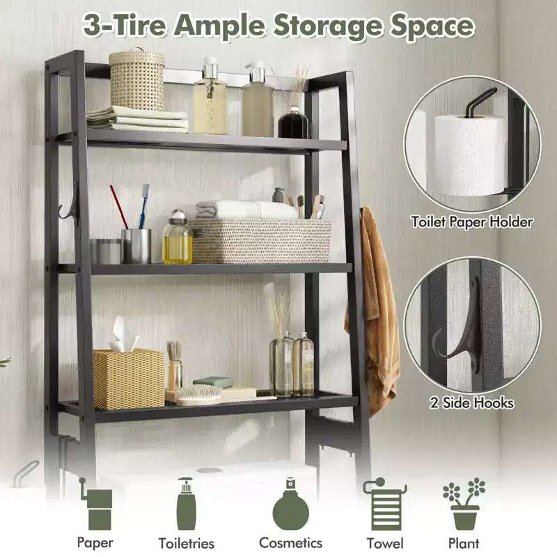 Costway Over The Toilet Storage Shelf 3-Tier Free Standing Above Toilet Rack Stand 2 Side HooksWhite/Black