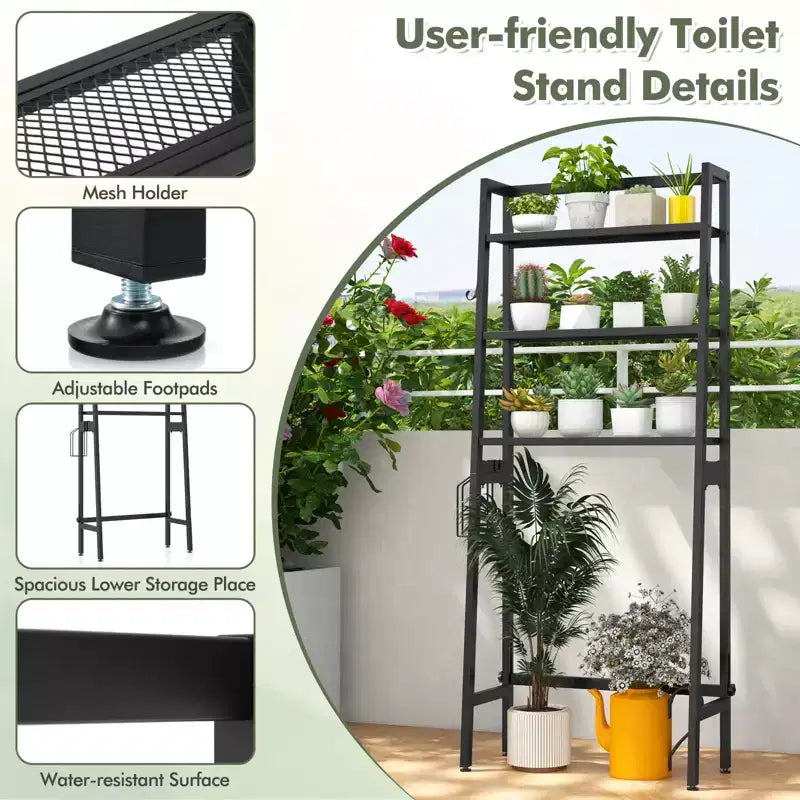 Costway Over The Toilet Storage Shelf 3-Tier Free Standing Above Toilet Rack Stand 2 Side HooksWhite/Black