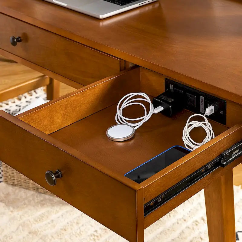 Walnut Mid-Century Office Desk with 3 Drawers and Charging Station
