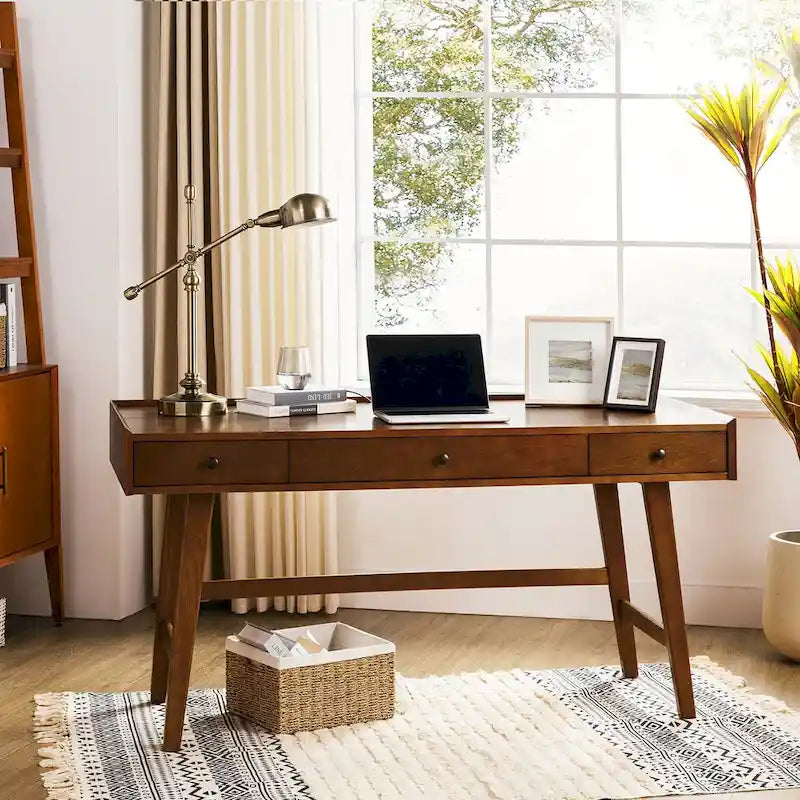 Walnut Mid-Century Office Desk with 3 Drawers and Charging Station