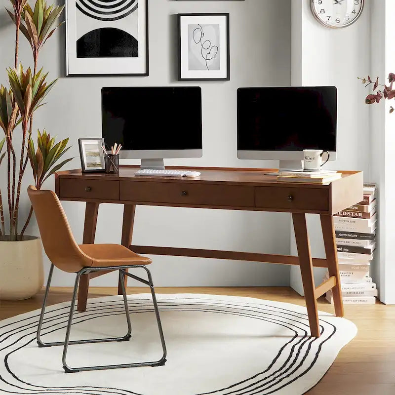 Walnut Mid-Century Office Desk with 3 Drawers and Charging Station