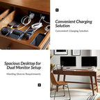 Walnut Mid-Century Office Desk with 3 Drawers and Charging Station
