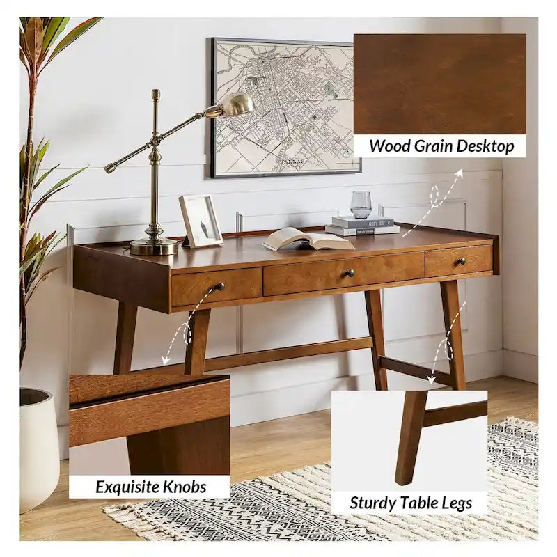 Walnut Mid-Century Office Desk with 3 Drawers and Charging Station