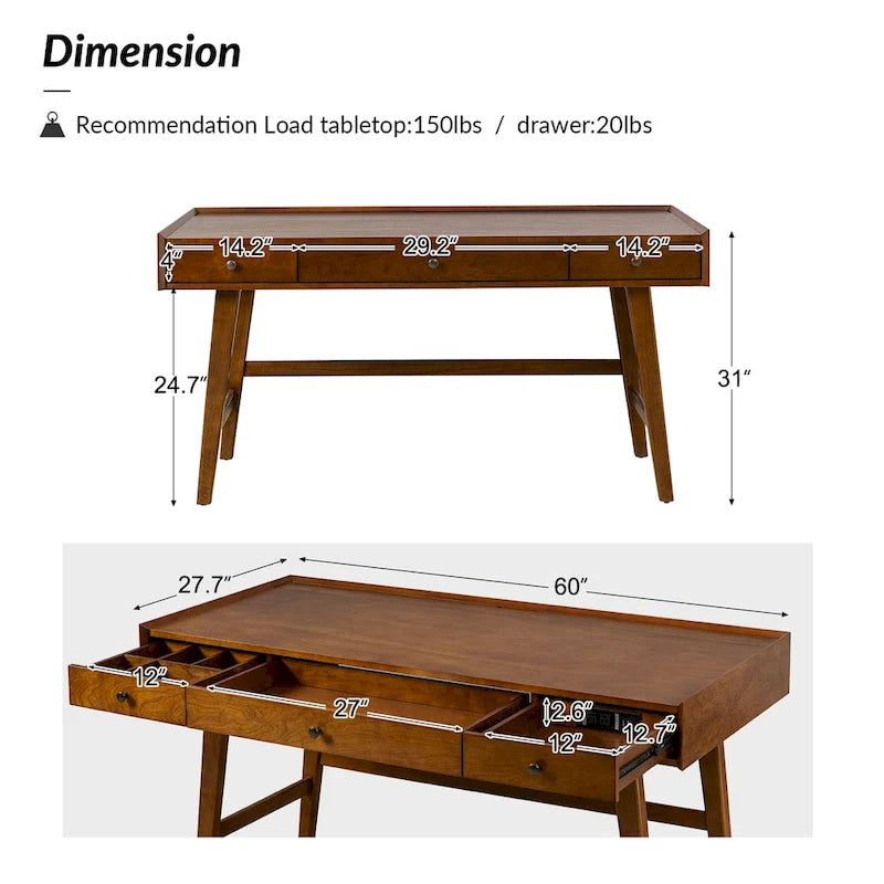 Walnut Mid-Century Office Desk with 3 Drawers and Charging Station