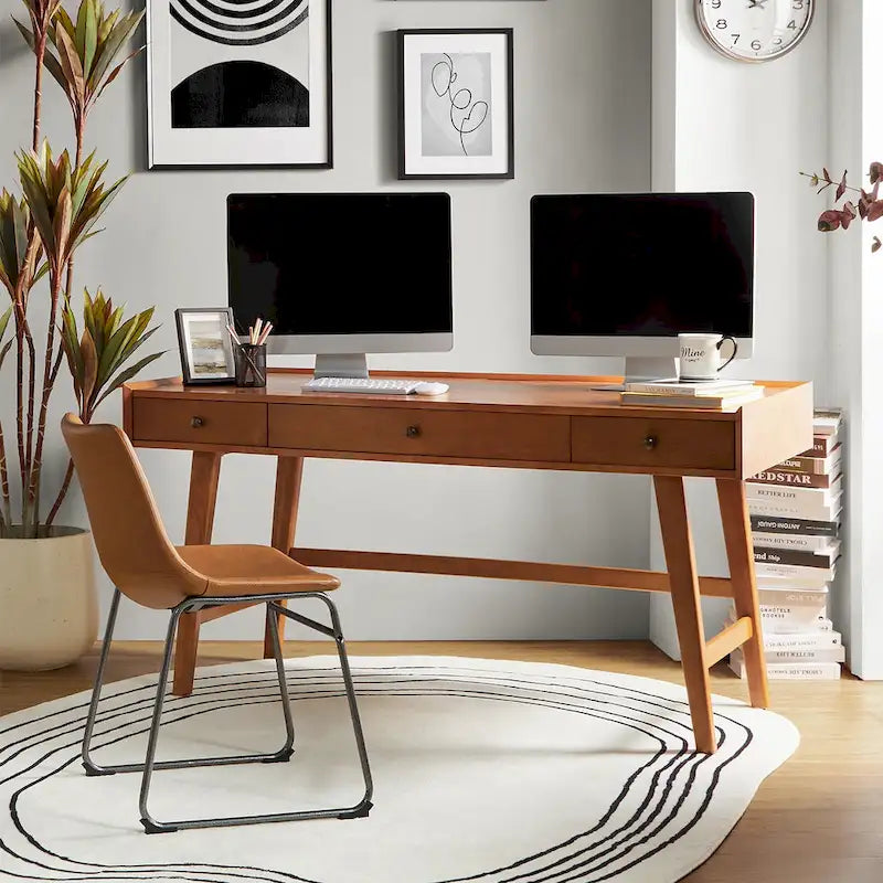 Walnut Mid-Century Office Desk with 3 Drawers and Charging Station